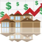 reflection of brown house with red arrow raising with dollar signs all around